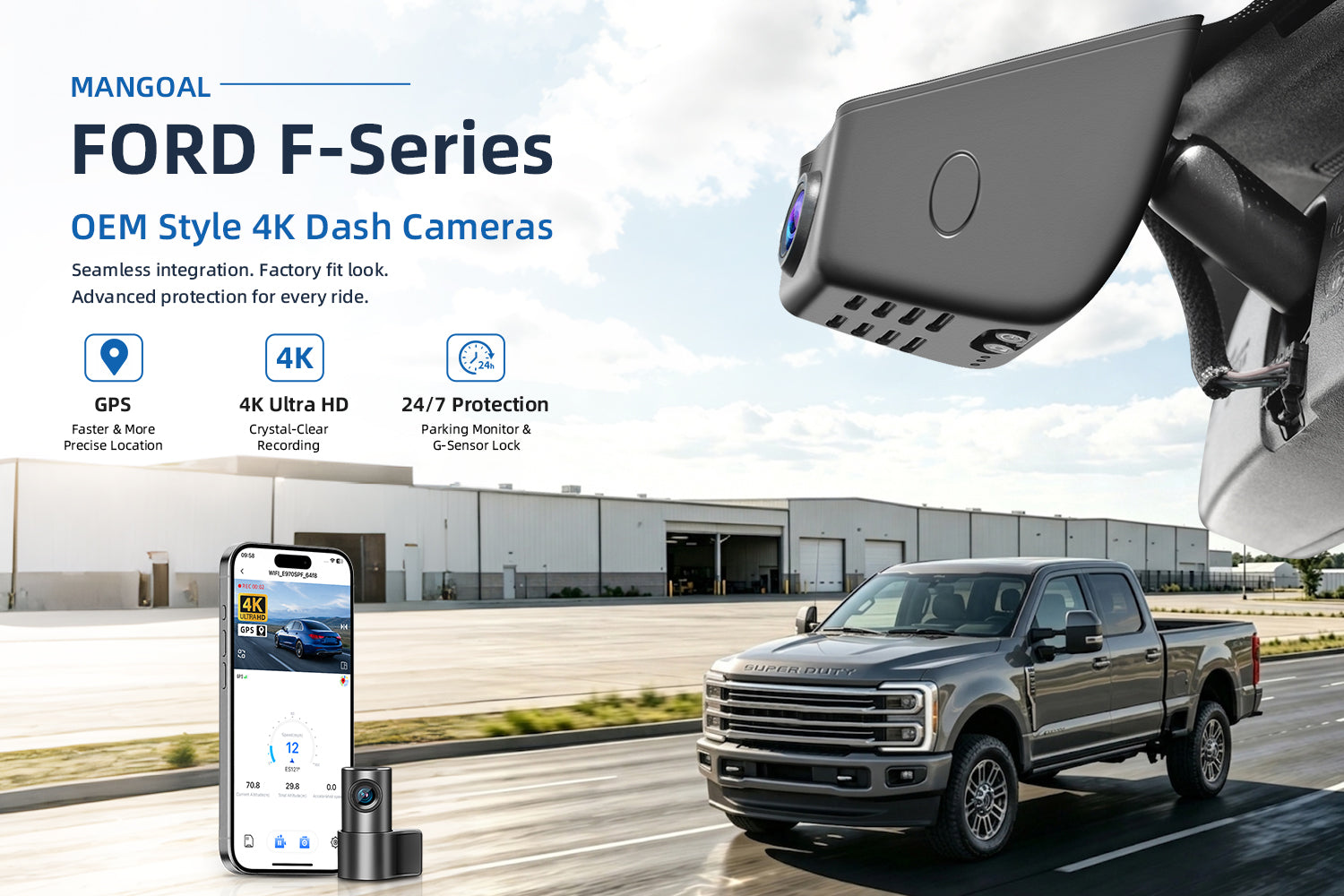 Mangoal factory-fit dash cam for Ford F-Series. Support premium 4K video performance. Features WiFi & app control, GPS tracking, motion detection, and reliable vehicle protection.