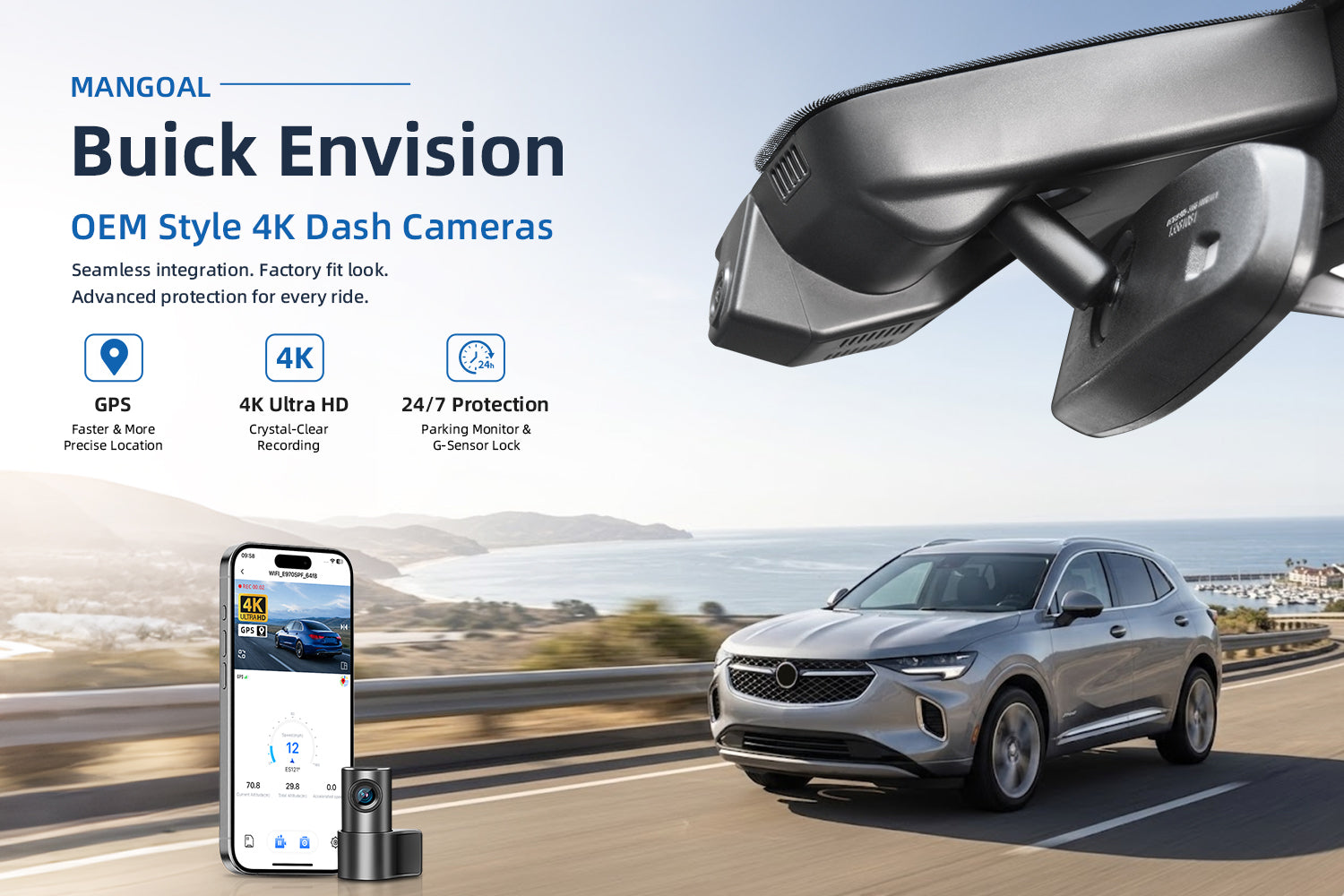 Mangoal factory-fit dash cam for Buick Envision. Support premium 4K video performance. Features WiFi & app control, GPS tracking, motion detection, and reliable vehicle protection.