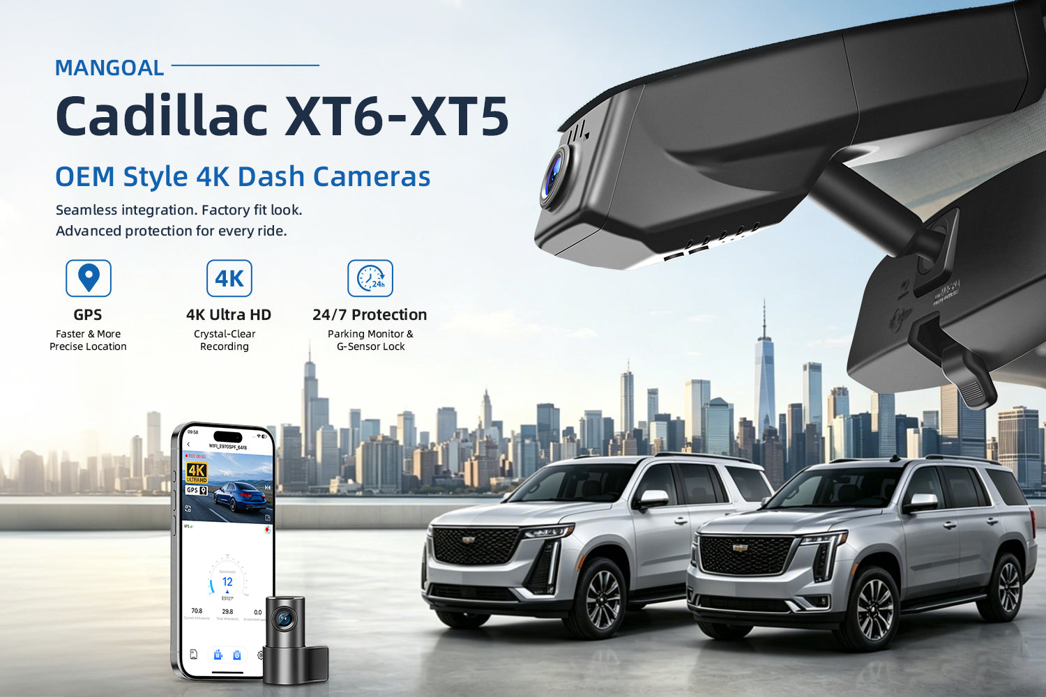 Mangoal factory-fit dash cam for Cadillac XT5 XT6. Support premium 4K video performance. Features WiFi & app control, GPS tracking, motion detection, and reliable vehicle protection.