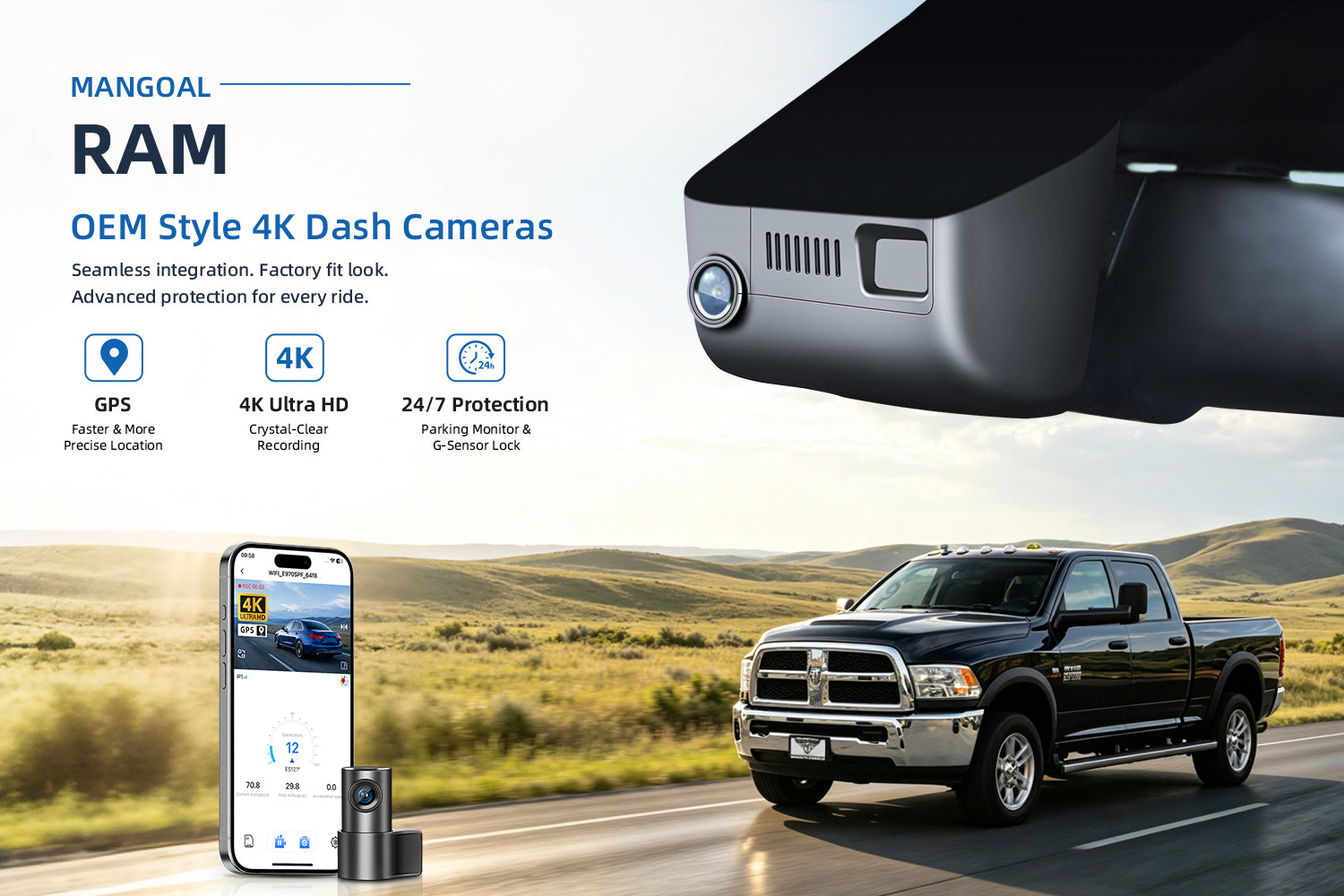 Mangoal factory-fit dash cam for RAM Trucks. Support premium 4K video performance. Features WiFi & app control, GPS tracking, motion detection, and reliable vehicle protection.
