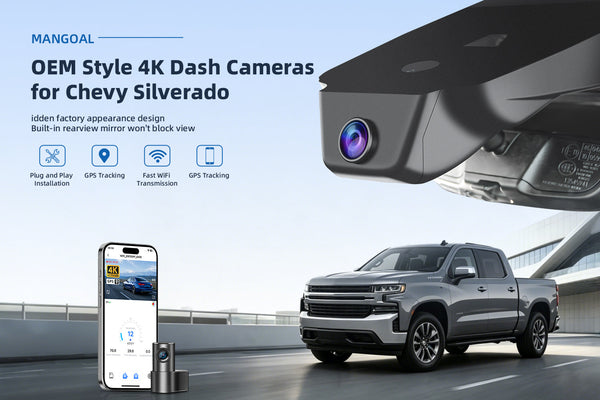 Mangoal dash cam for Chevy Silverado with GPS captures location, speed, and route data alongside sharp 4K recordings. Enjoy quick five-minute installation, app control, G-sensor impact detection, and emergency video lock.