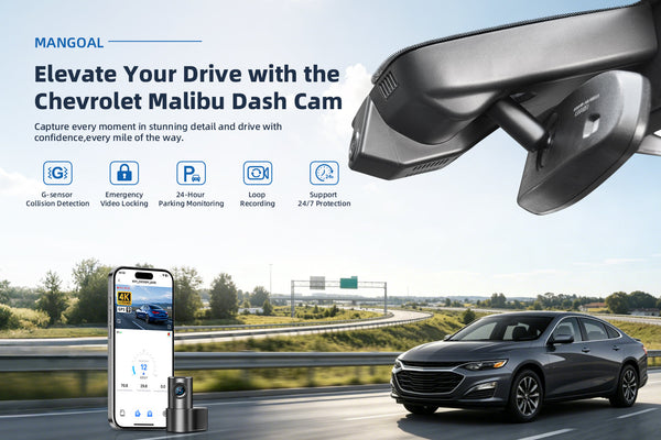 Mangoal factory-fit dash cam for Chevrolet Malibu. Support premium 4K video performance. Features WiFi & app control, GPS tracking, motion detection, and reliable vehicle protection.