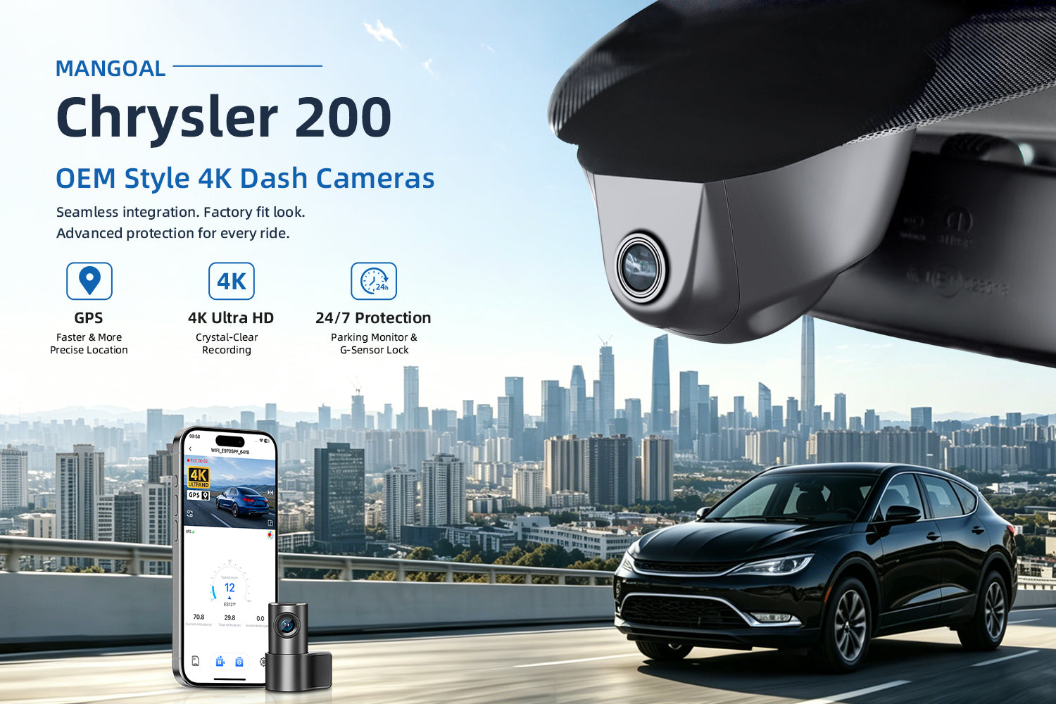 Mangoal factory-fit dash cam for Chrysler 200. Support premium 4K video performance. Features WiFi & app control, GPS tracking, motion detection, and reliable vehicle protection.