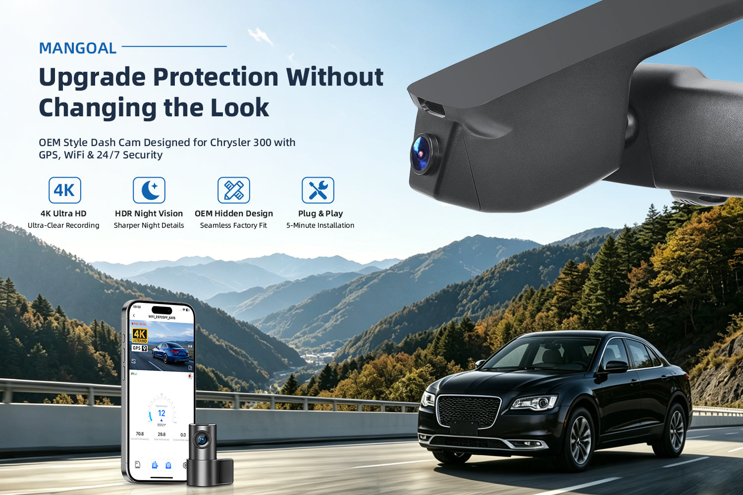 Mangoal factory-fit dash cam for Chrysler 300. Support premium 4K video performance. Features WiFi & app control, GPS tracking, motion detection, and reliable vehicle protection.