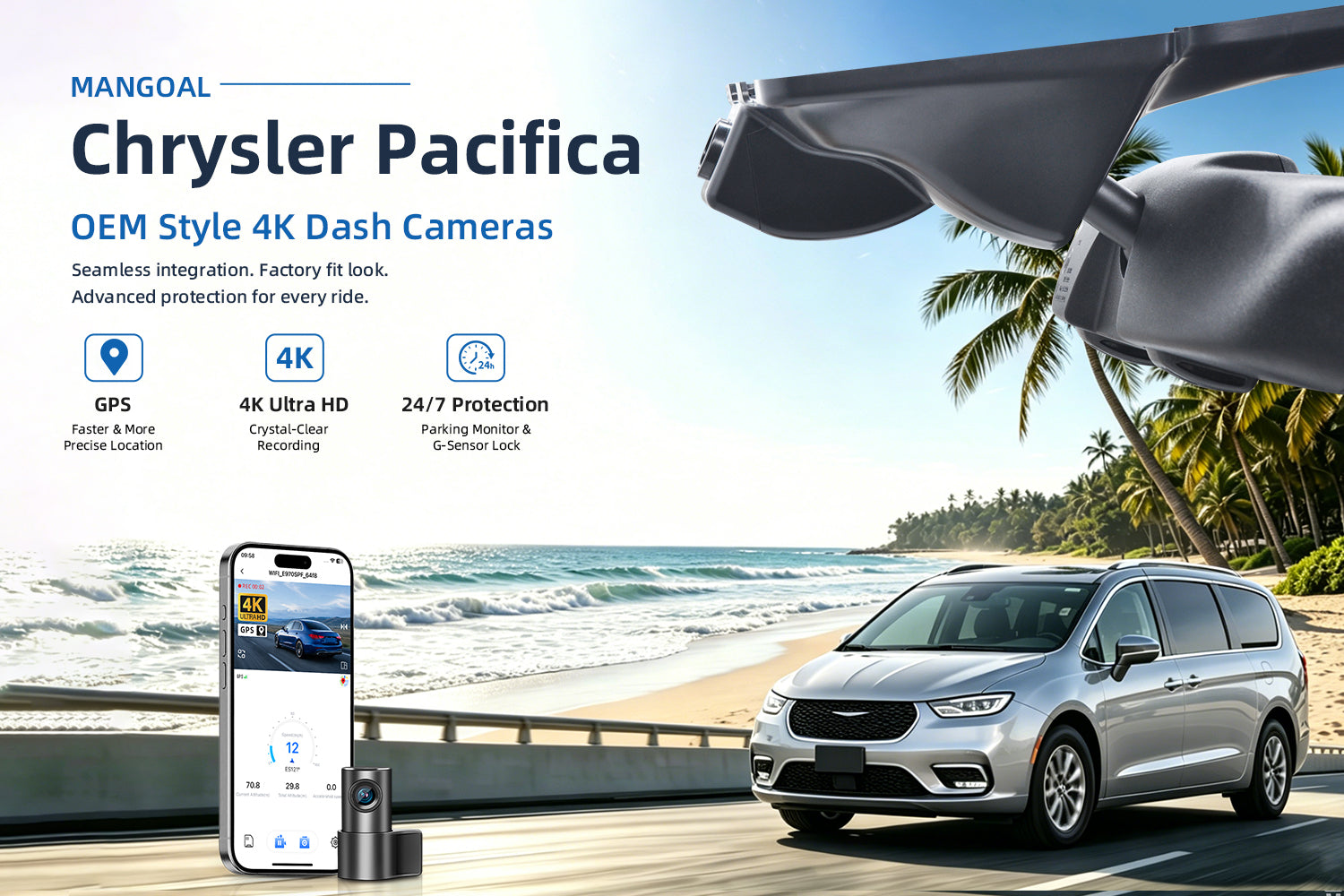 Mangoal factory-fit dash cam for Chrysler Pacifica. Support premium 4K video performance. Features WiFi & app control, GPS tracking, motion detection, and reliable vehicle protection.