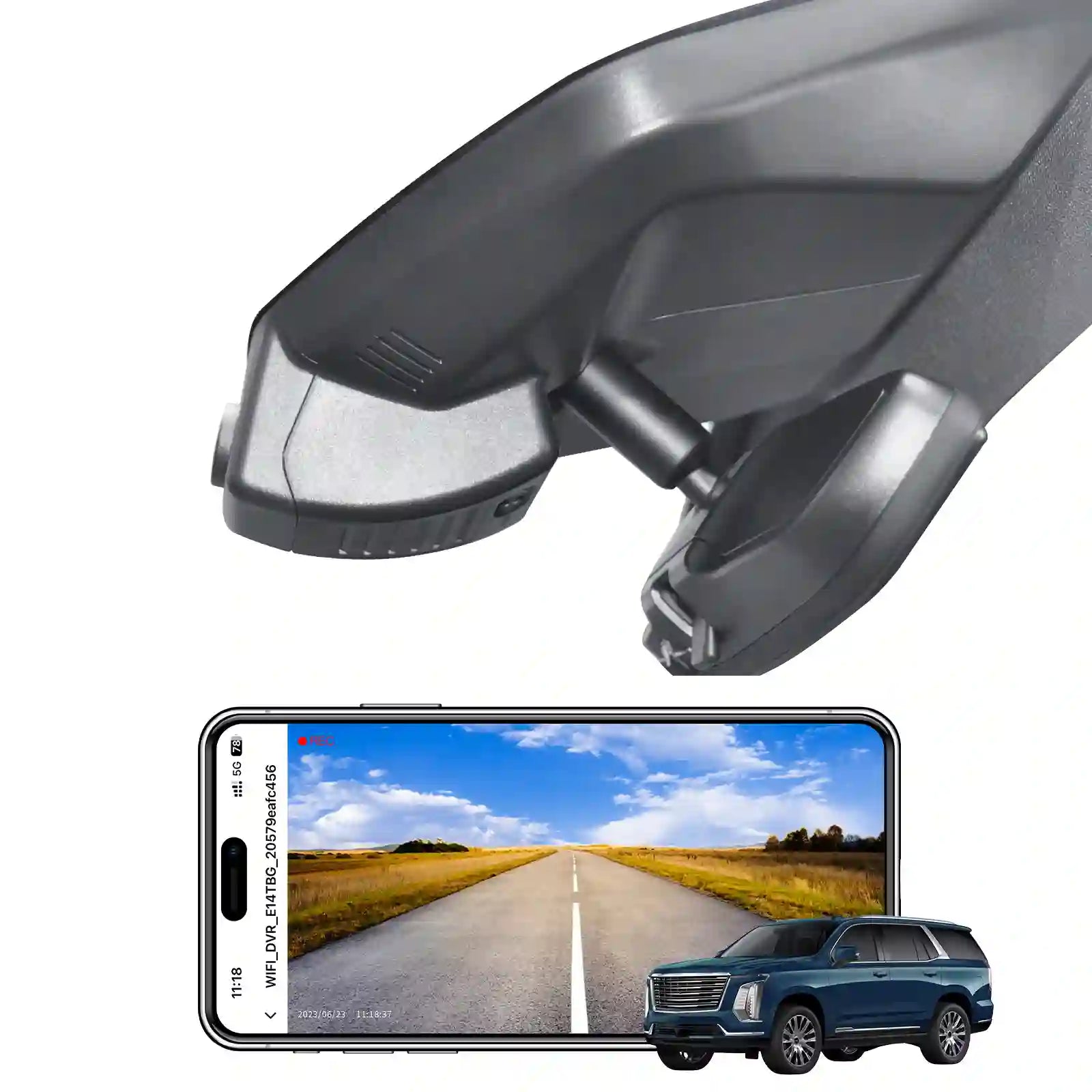 Car camera with smartphone display showing a road and car EScalade ESV one channel camera 