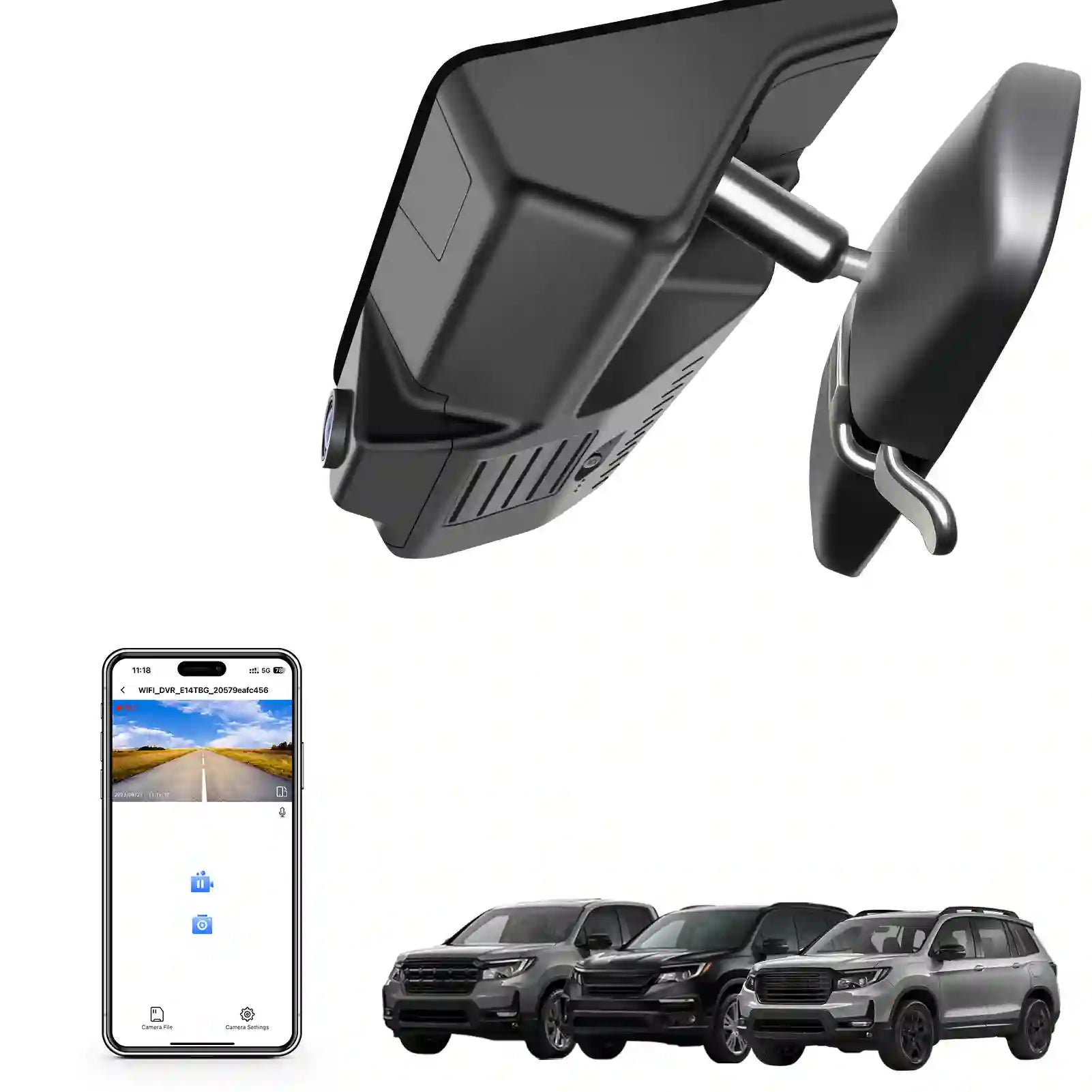 hondata_Pilot_Passport_Ridgeline_Models_Car dashboard camera with smartphone app and multiple cars displayed.