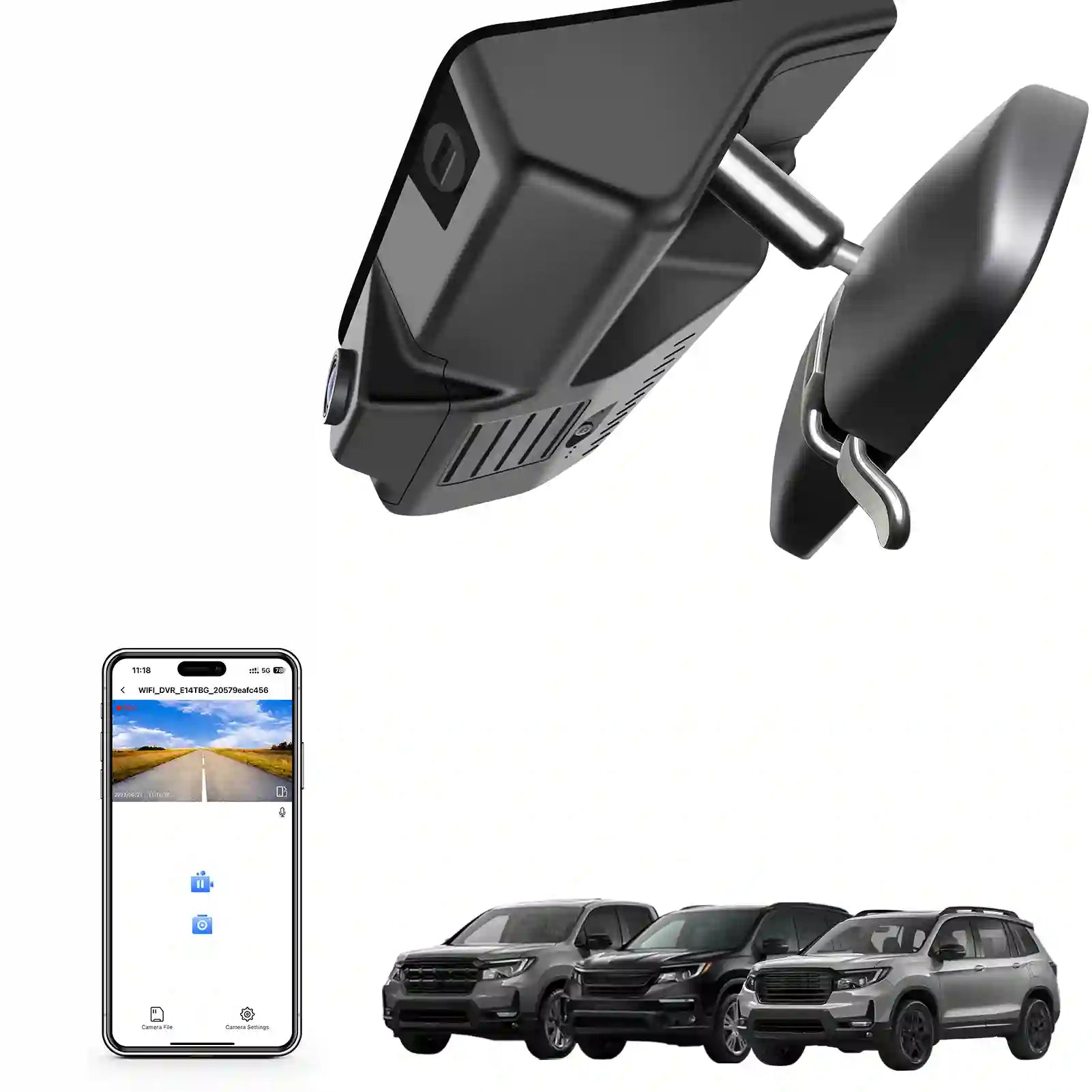 Honda pilot passport Ridgeline  Car dashboard camera with smartphone app and multiple cars displayed.
