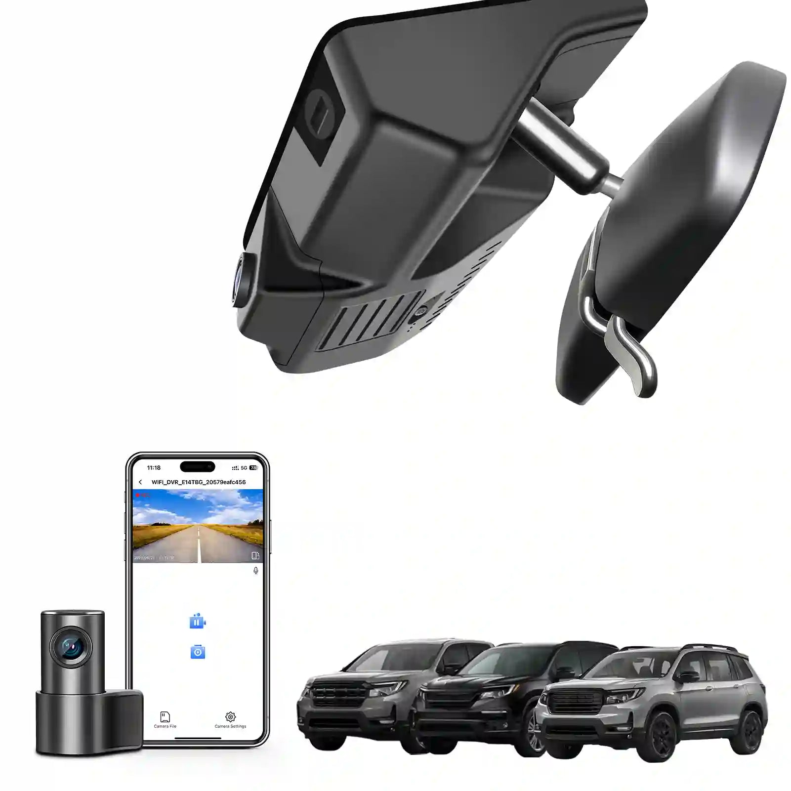hodna pilot two channel Car camera system with smartphone app, car models, and additional camera.