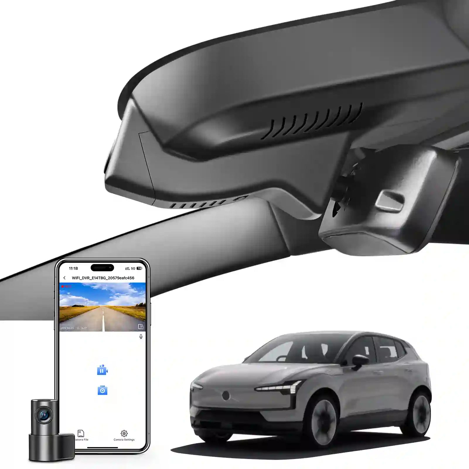 2 channel dash cam with dual STARVIS 2, features smartphone app control, 4K Ultra HD recording, GPS tracking, and Volvo EX30 SUV in the background.  