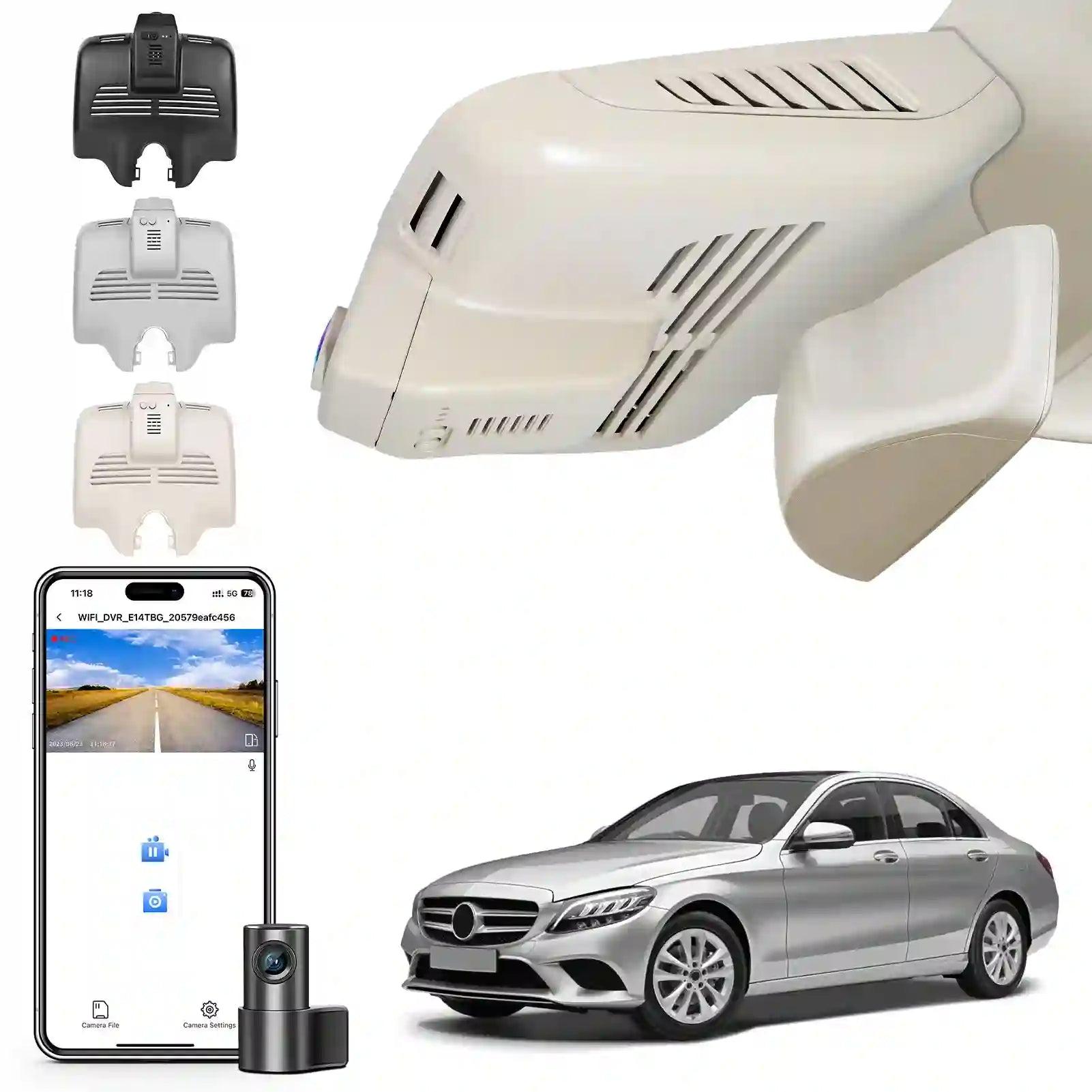 Car cam with smartphone app, car, and additional diffuser attachments on a white background