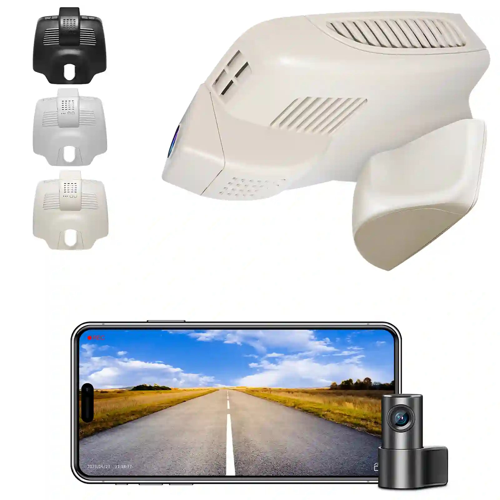 Car dashboard camera system with smartphone displaying road view and additional camera devices.