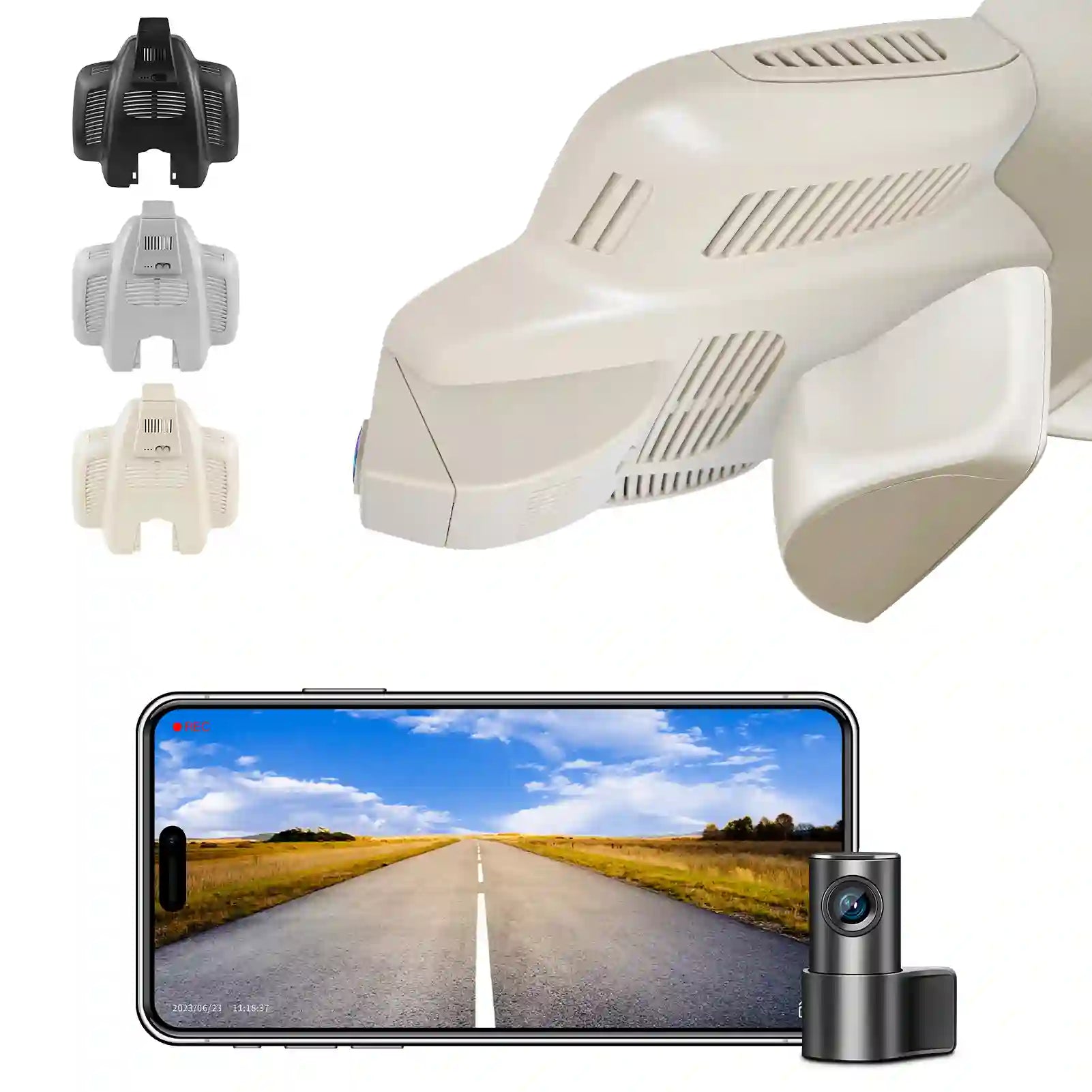 Car dashboard camera system with smartphone displaying a road view on a white background