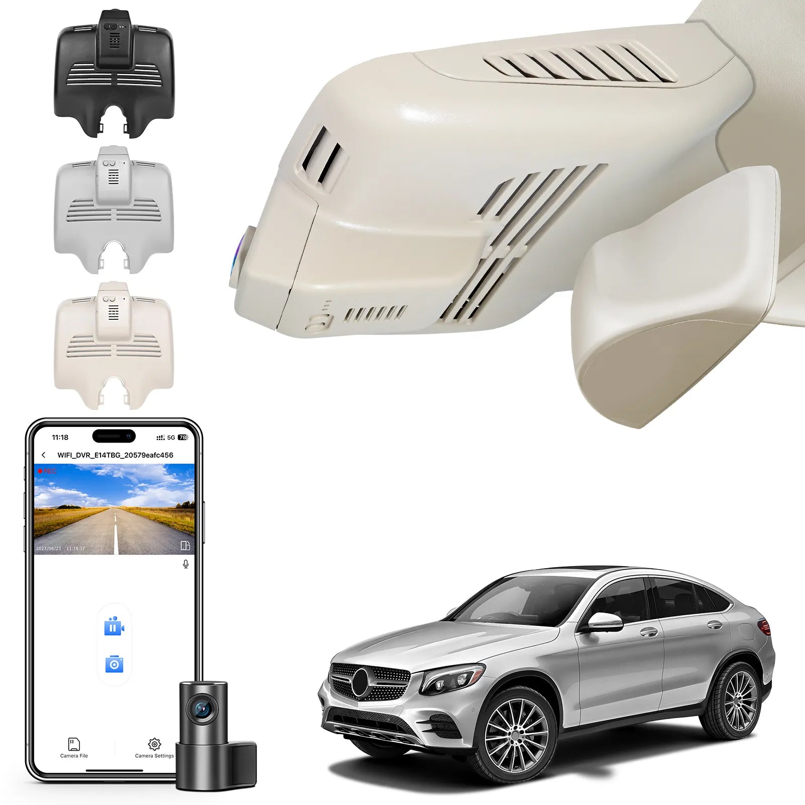 Car dashboard camera with smartphone app and Mercedes-Benz GLC Coupe in the background