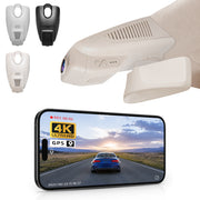 Car rearview mirror built-in dash cam with smartphone app control, 4K Ultra HD recording, GPS tracking, and Benz C-Class Gen4 models in the background.
