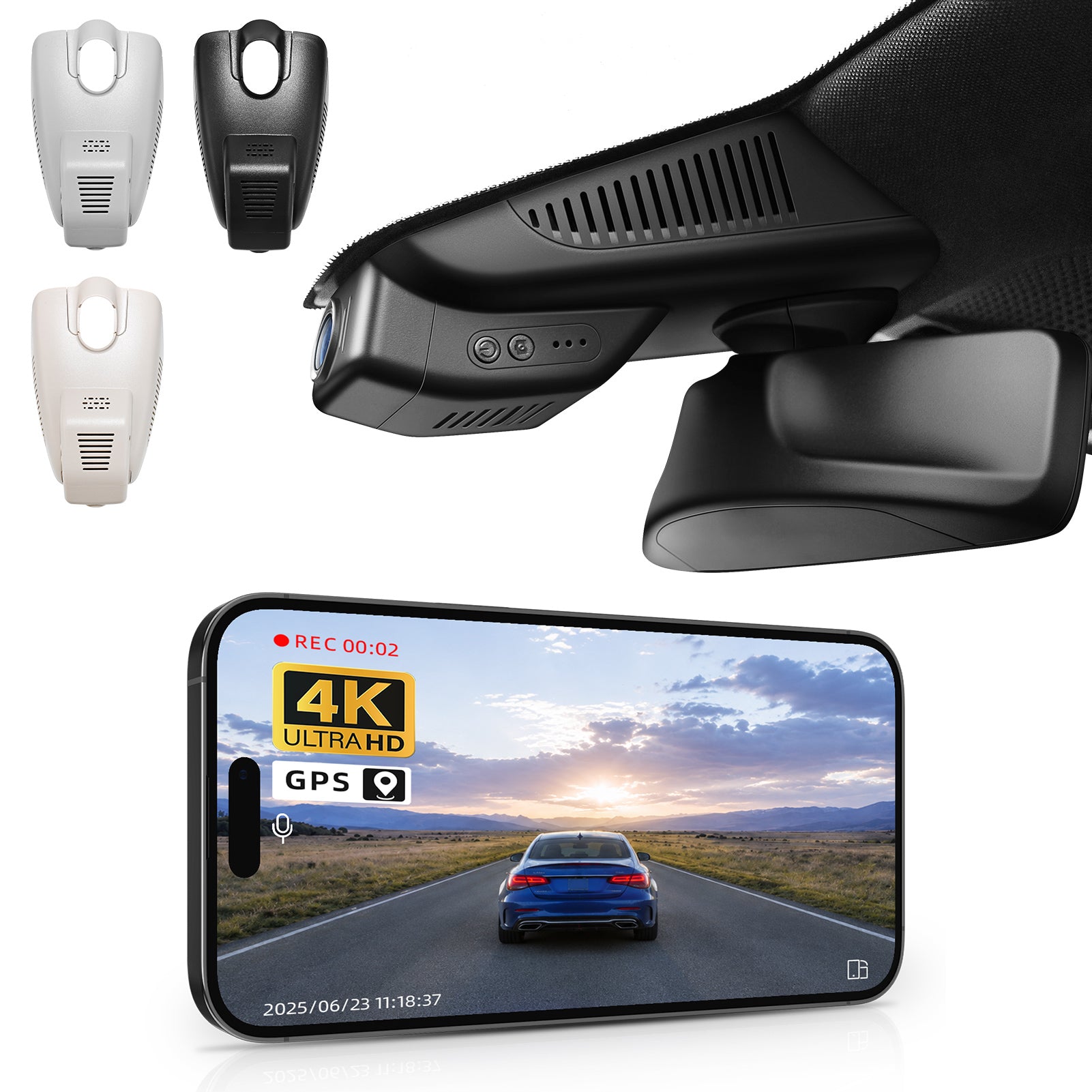 2 channel dash cam with dual STARVIS 2, features smartphone app control, 4K Ultra HD recording, GPS tracking, and Benz C-Class Gen4 in the background. 