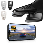 2 channel dash cam with dual STARVIS 2, features smartphone app control, 4K Ultra HD recording, GPS tracking, and Benz C-Class Gen4 in the background. 