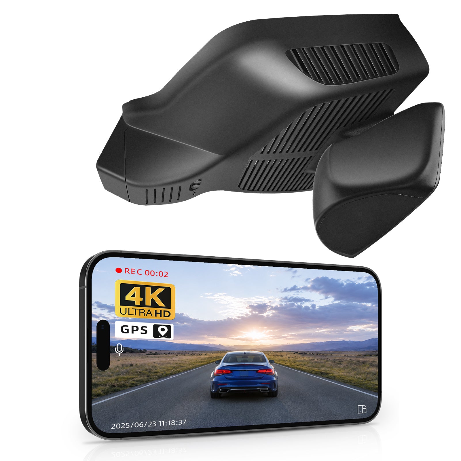 Car rearview mirror built-in dash cam with smartphone app control, 4K Ultra HD recording, GPS tracking, and Benz E-Class Gen6 models in the background.