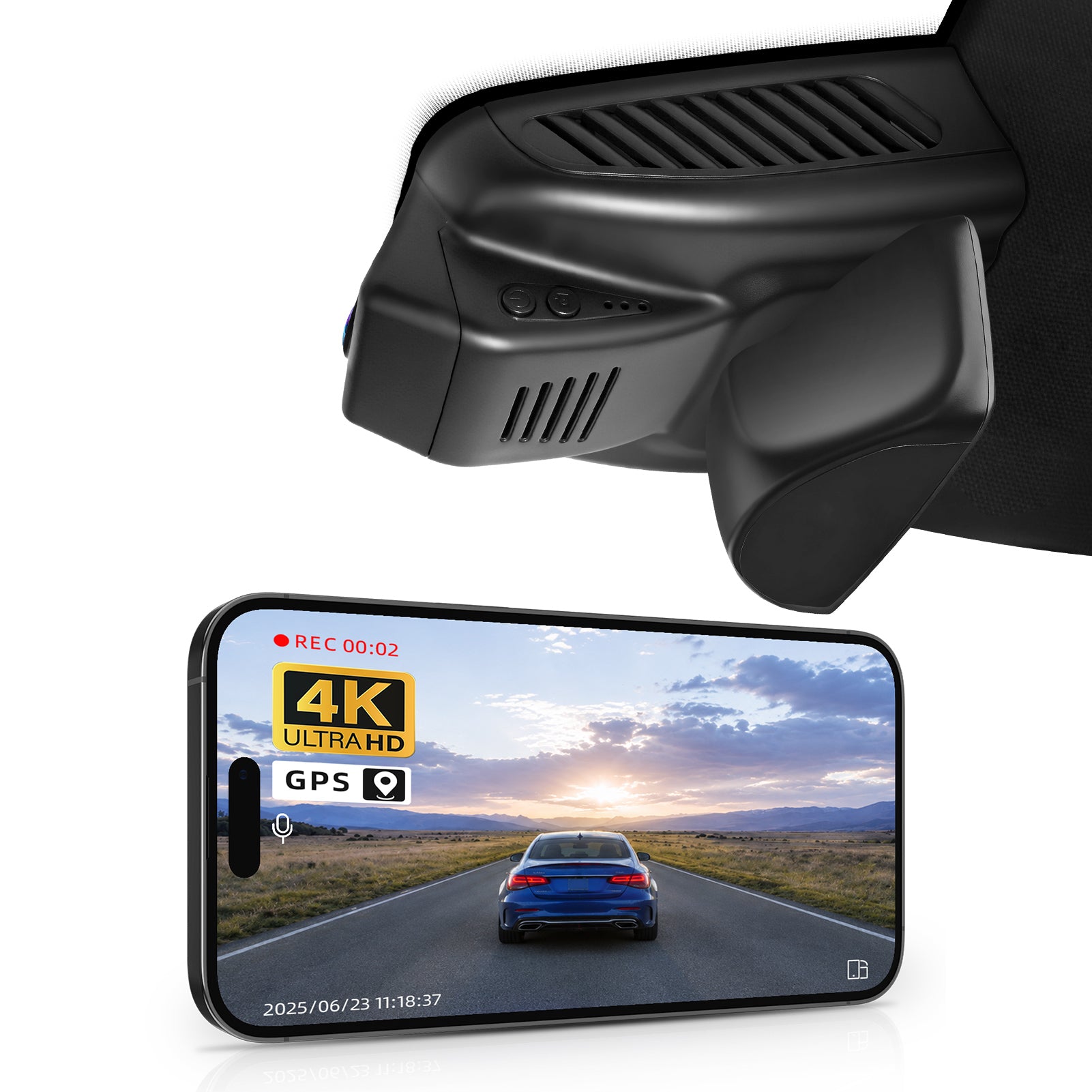 Car rearview mirror built-in dash cam with smartphone app control, 4K Ultra HD recording, GPS tracking, and Benz GLB models in the background.