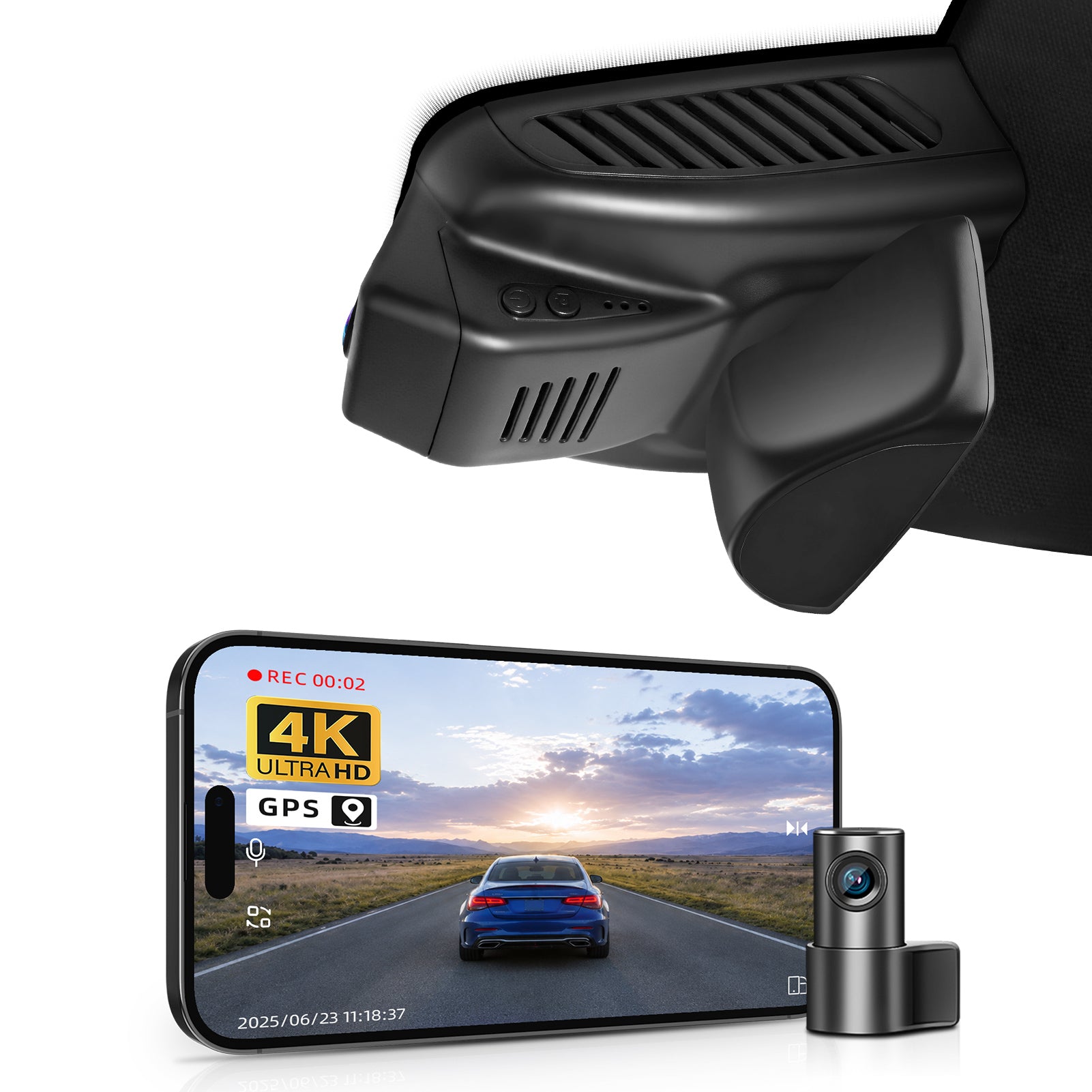2 channel dash cam with dual STARVIS 2, features smartphone app control, 4K Ultra HD recording, GPS tracking, and Benz GLB models in the background. 