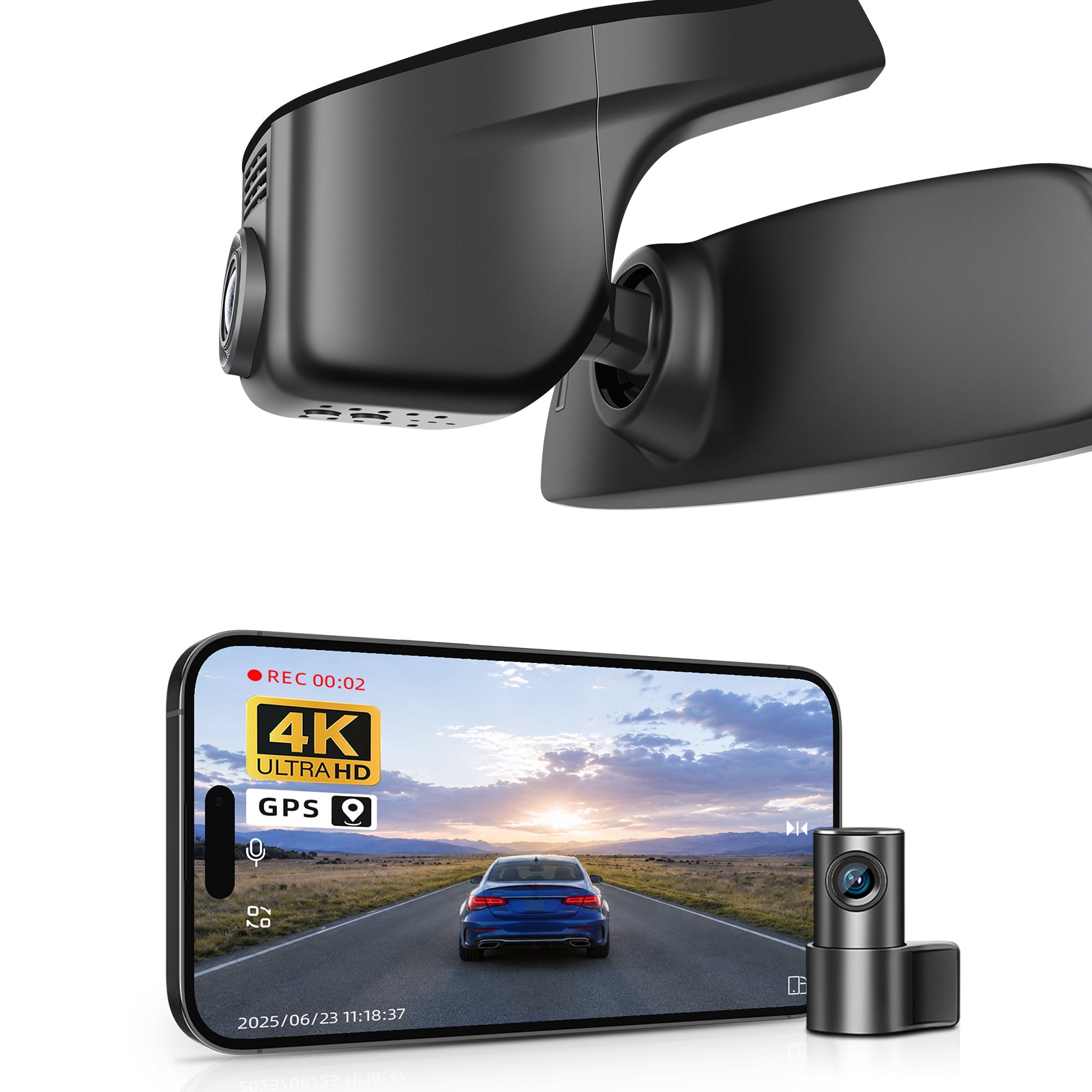 2 channel dash cam with dual STARVIS 2, features smartphone app control, 4K Ultra HD recording, GPS tracking, and Volkswagen Arteon Coupe models in the background.  