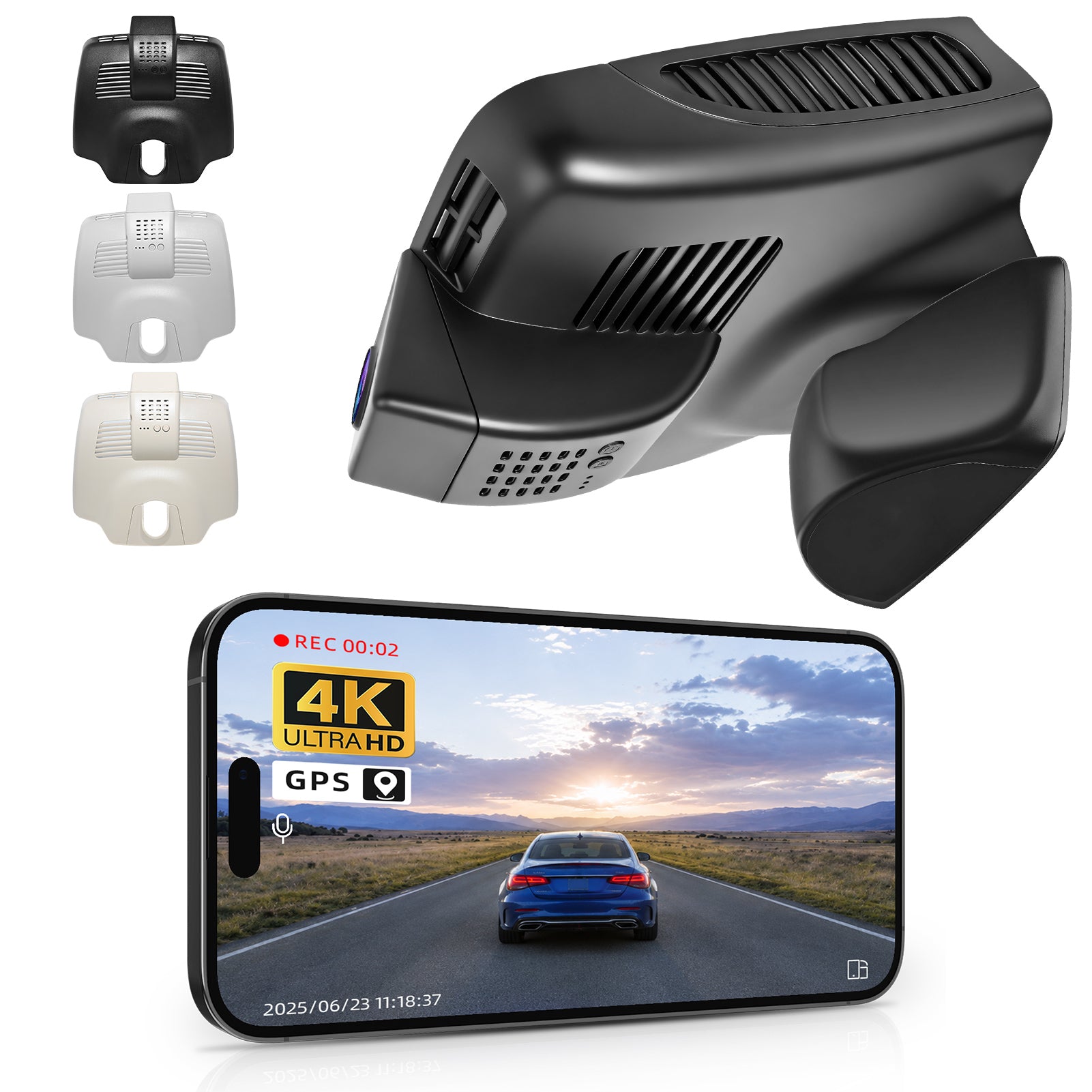 2 channel dash cam with dual STARVIS 2, features smartphone app control, 4K Ultra HD recording, GPS tracking, and Benz C-Class Gen4 in the background. 