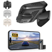 Mangoal 2 channel dash cam with dual STARVIS 2, features smartphone app control, 4K Ultra HD recording, GPS tracking, and Benz GLC car models in the background. 