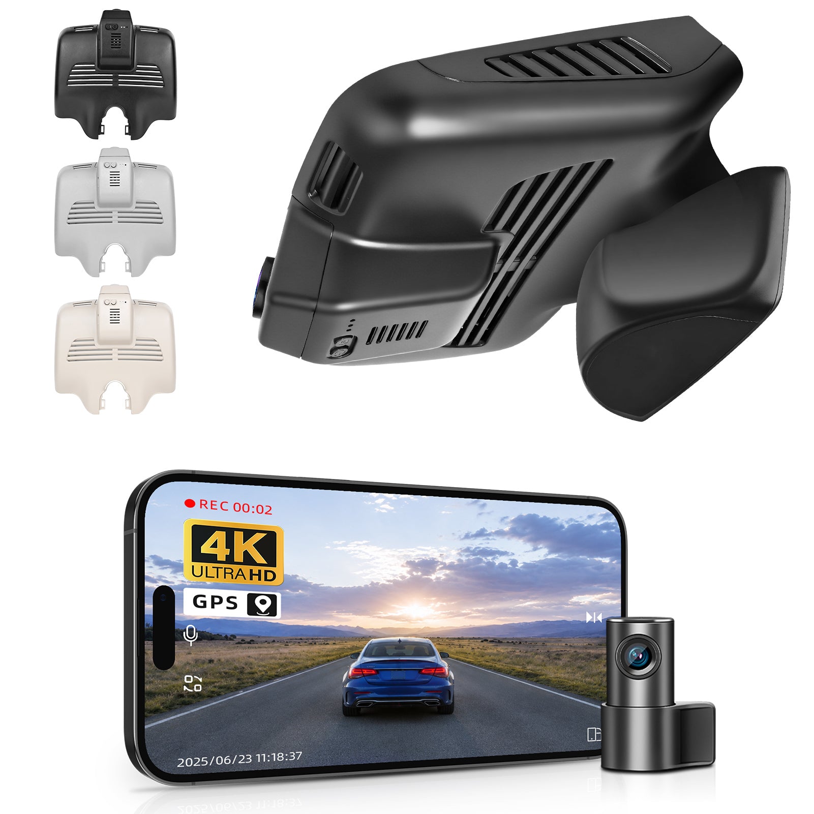 Mangoal 2 channel dash cam with dual STARVIS 2, features smartphone app control, 4K Ultra HD recording, GPS tracking, and Benz GLC car models in the background. 