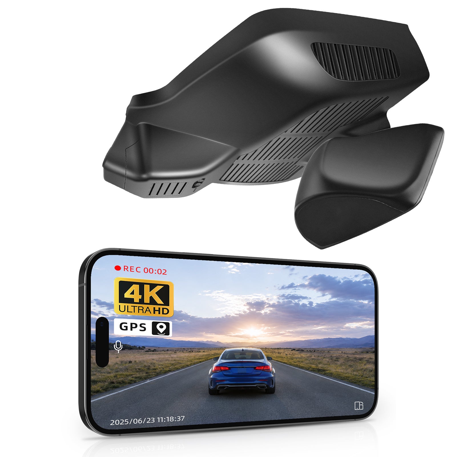 Car rearview mirror built-in dash cam with smartphone app control, 4K Ultra HD recording, GPS tracking, and Benz E-Class Gen6 models in the background.