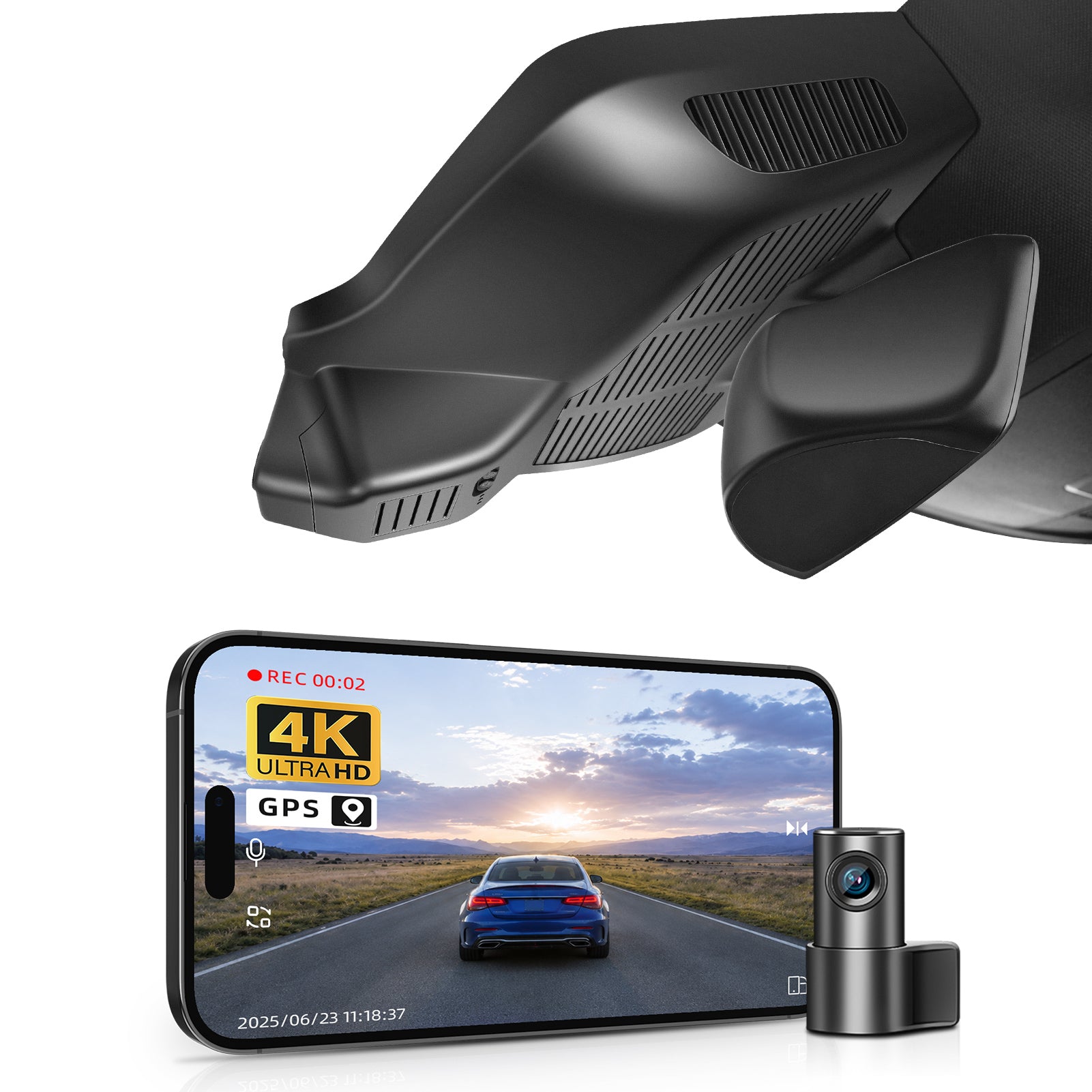 2 channel dash cam with dual STARVIS 2, features smartphone app control, 4K Ultra HD recording, GPS tracking, and Benz C-Class Gen6 in the background. 
