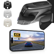 Car rearview mirror built-in dash cam with smartphone app control, 4K Ultra HD recording, GPS tracking, and Benz C-Class Gen4 models in the background.