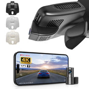 2 channel dash cam with dual STARVIS 2, features smartphone app control, 4K Ultra HD recording, GPS tracking, and Benz C-Class Gen4 in the background. 