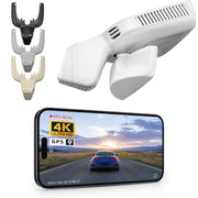 Car rearview mirror built-in dash cam with smartphone app control, 4K Ultra HD recording, GPS tracking, and Benz GLE & GLS models in the background.