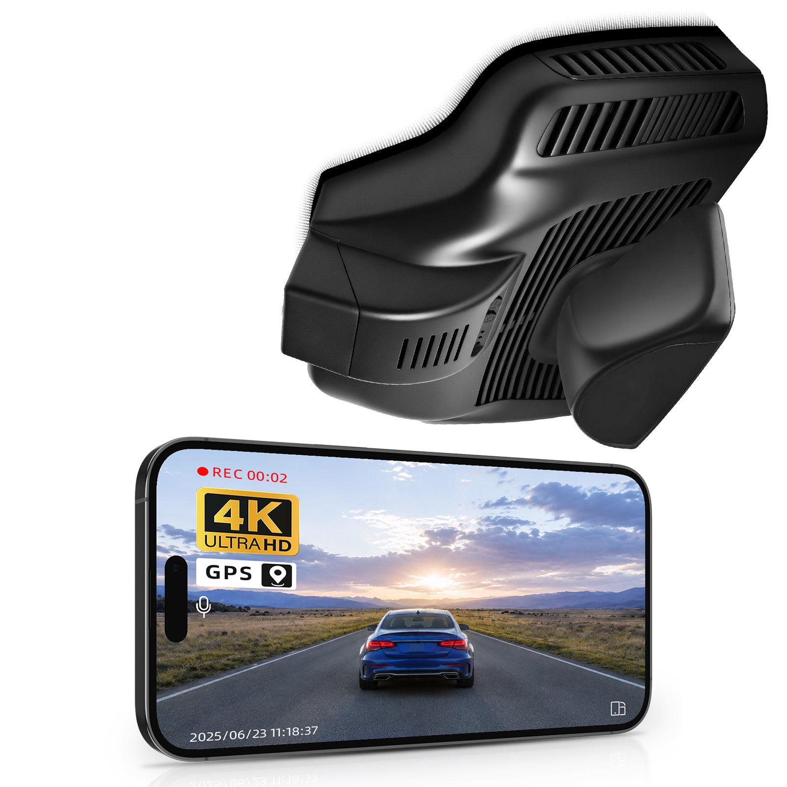 Car rearview mirror built-in dash cam with smartphone app control, 4K Ultra HD recording, GPS tracking, and Benz GLB models in the background.