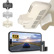 2 channel dash cam with dual STARVIS 2, features smartphone app control, 4K Ultra HD recording, GPS tracking, and Benz C-Class Gen4 in the background. 