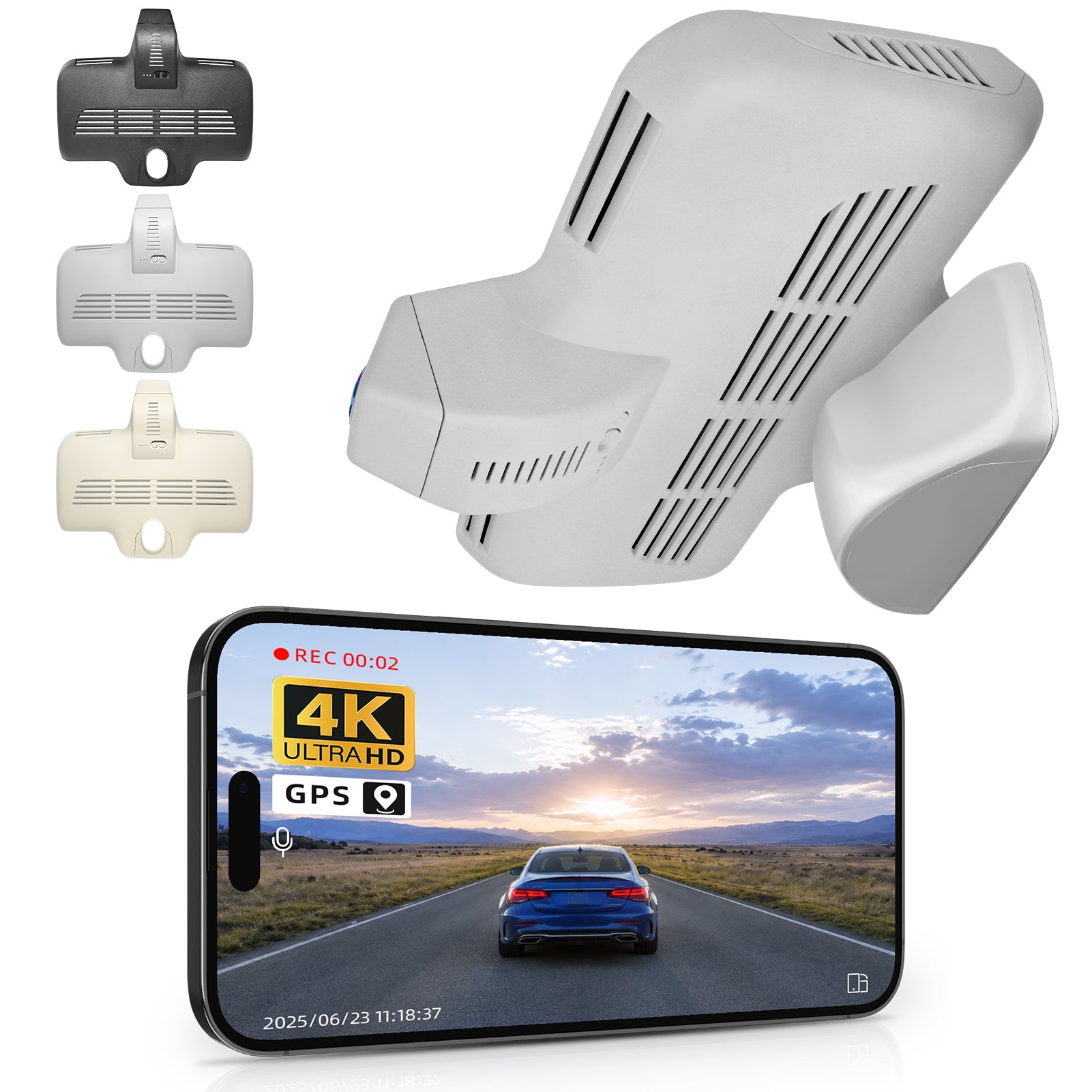 Car rearview mirror built-in dash cam with smartphone app control, 4K Ultra HD recording, GPS tracking, and Benz C-Class Gen4 models in the background.