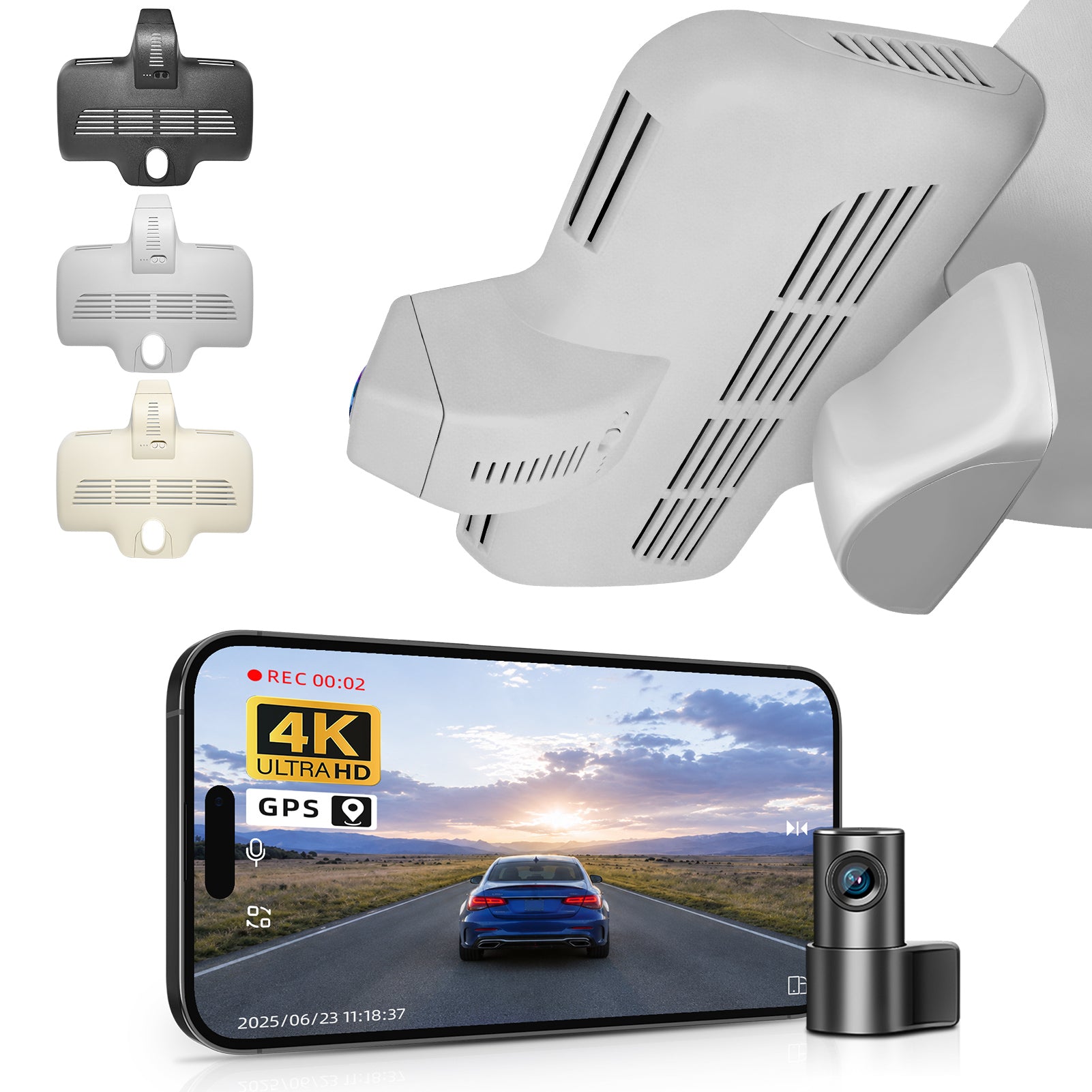 2 channel dash cam with dual STARVIS 2, features smartphone app control, 4K Ultra HD recording, GPS tracking, and Benz C-Class Gen4 in the background. 