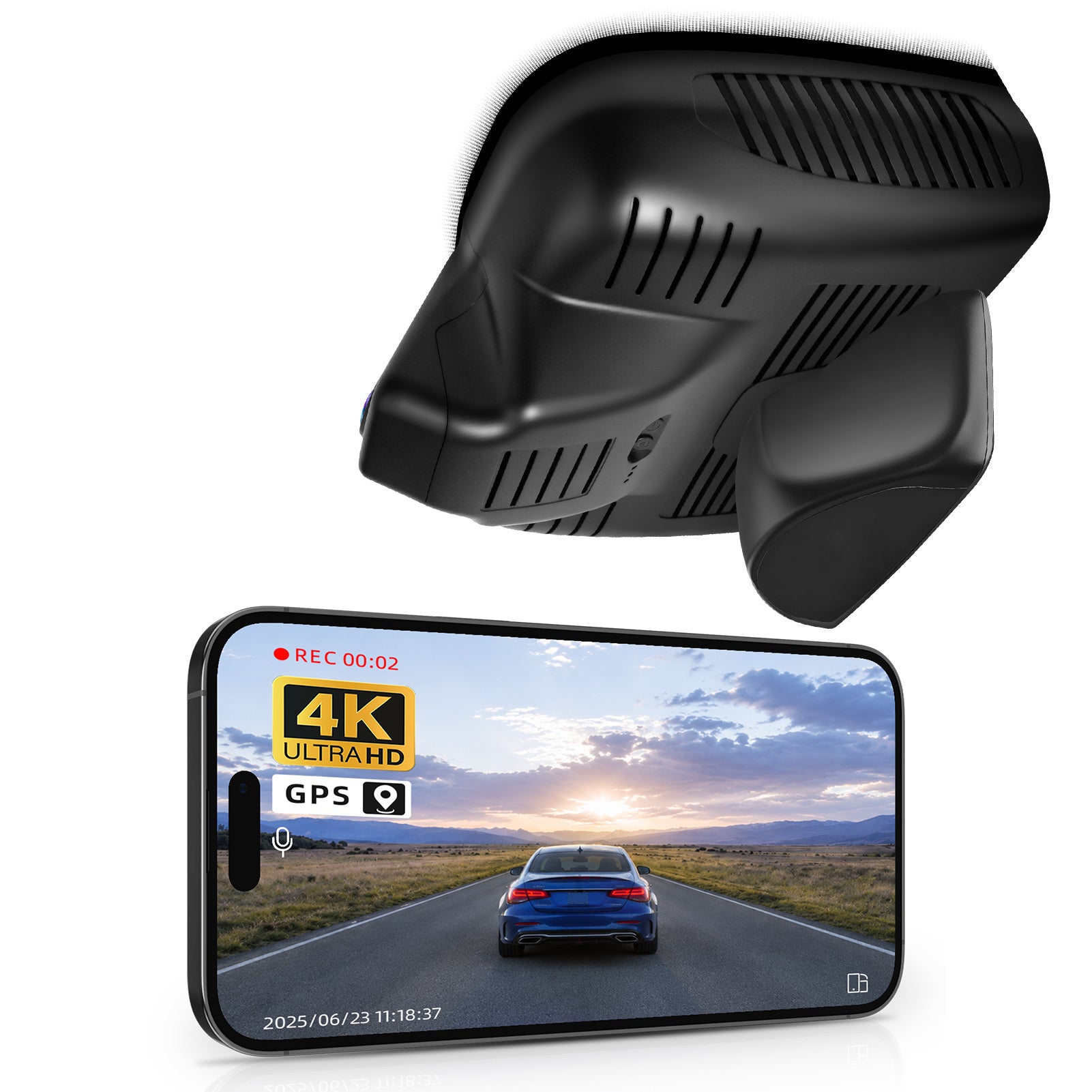 Car rearview mirror built-in dash cam with smartphone app control, 4K Ultra HD recording, GPS tracking, and Benz GLB models in the background.