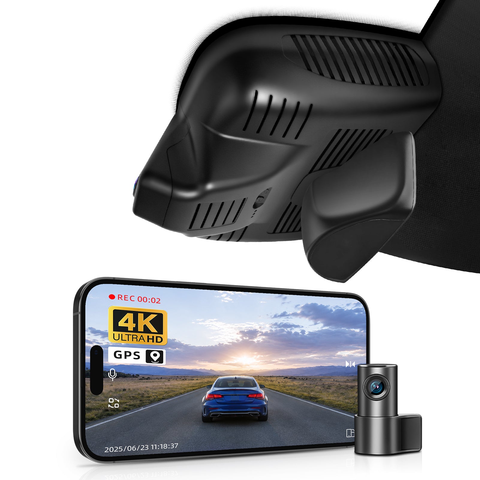 2 channel dash cam with dual STARVIS 2, features smartphone app control, 4K Ultra HD recording, GPS tracking, and Benz GLB models in the background. 