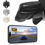 Car rearview mirror built-in dash cam with smartphone app control, 4K Ultra HD recording, GPS tracking, and Benz E-Class Gen5 models in the background.