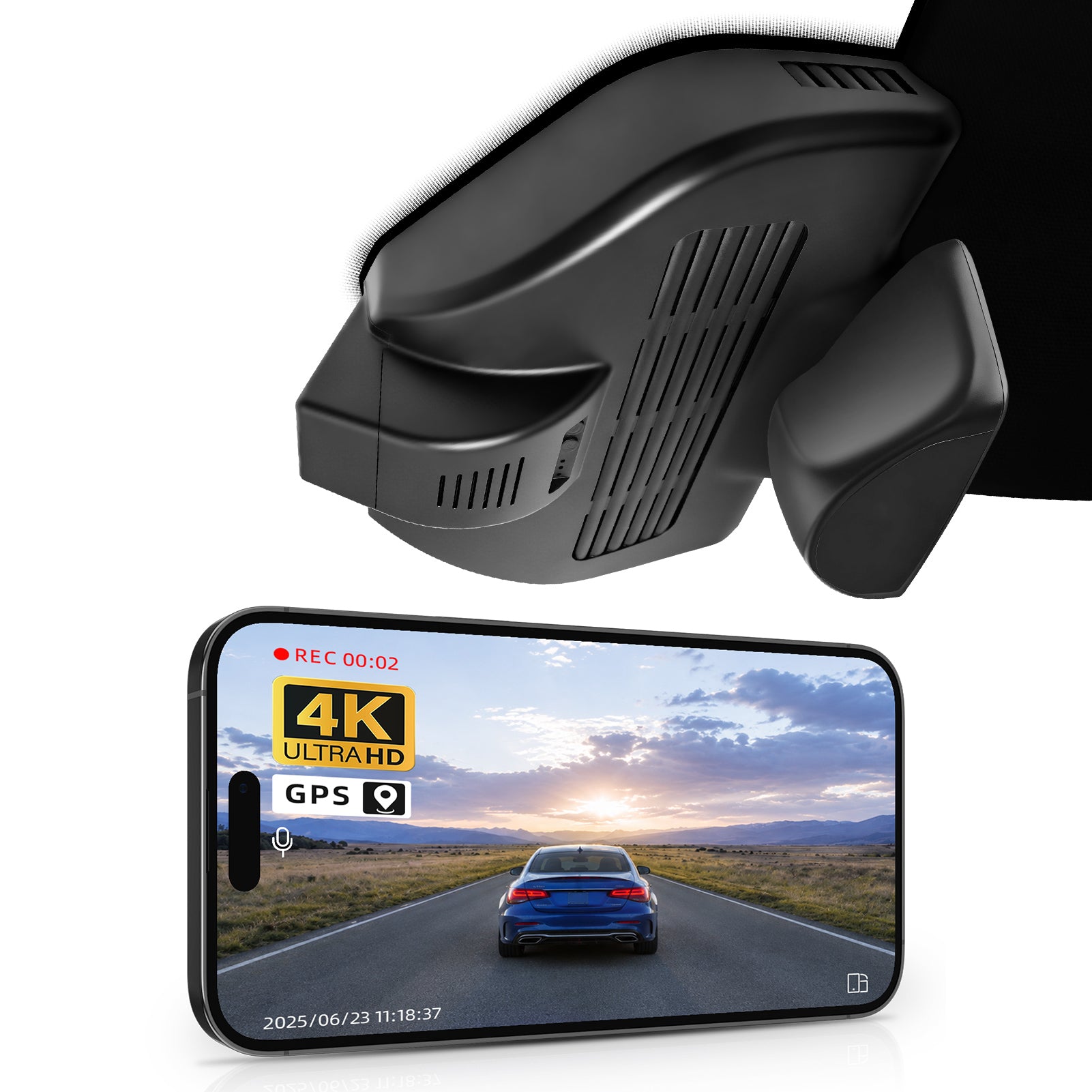 Mangoal Car rearview mirror built-in dash cam with smartphone app control, 4K Ultra HD recording, GPS tracking, and Benz GLC SUV models in the background.