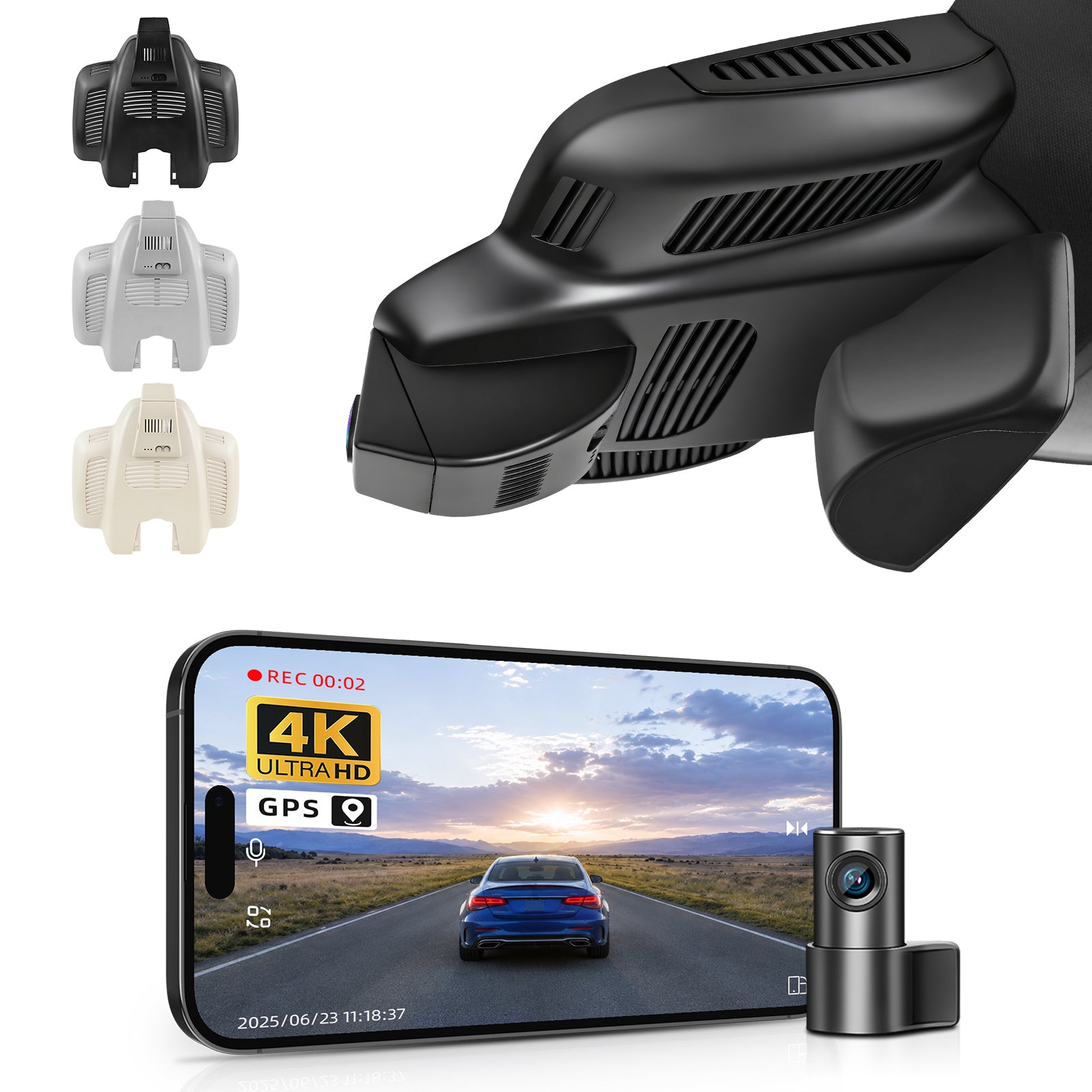 2 channel dash cam with dual STARVIS 2, features smartphone app control, 4K Ultra HD recording, GPS tracking, and Benz C-Class Gen4 in the background. 