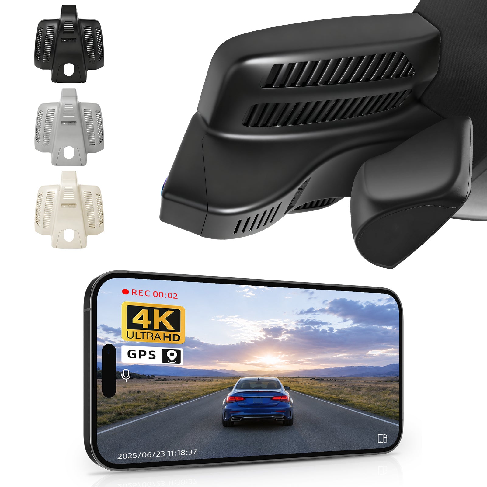 2 channel dash cam with dual STARVIS 2, features smartphone app control, 4K Ultra HD recording, GPS tracking, and Benz C-Class Gen4 in the background. 