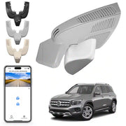 Smart street light system with smartphone app, car, and different light cover options on a white background.