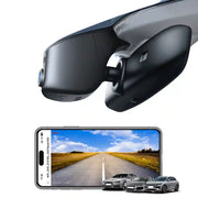 Car rearview mirror with built-in camera and smartphone displaying road view.