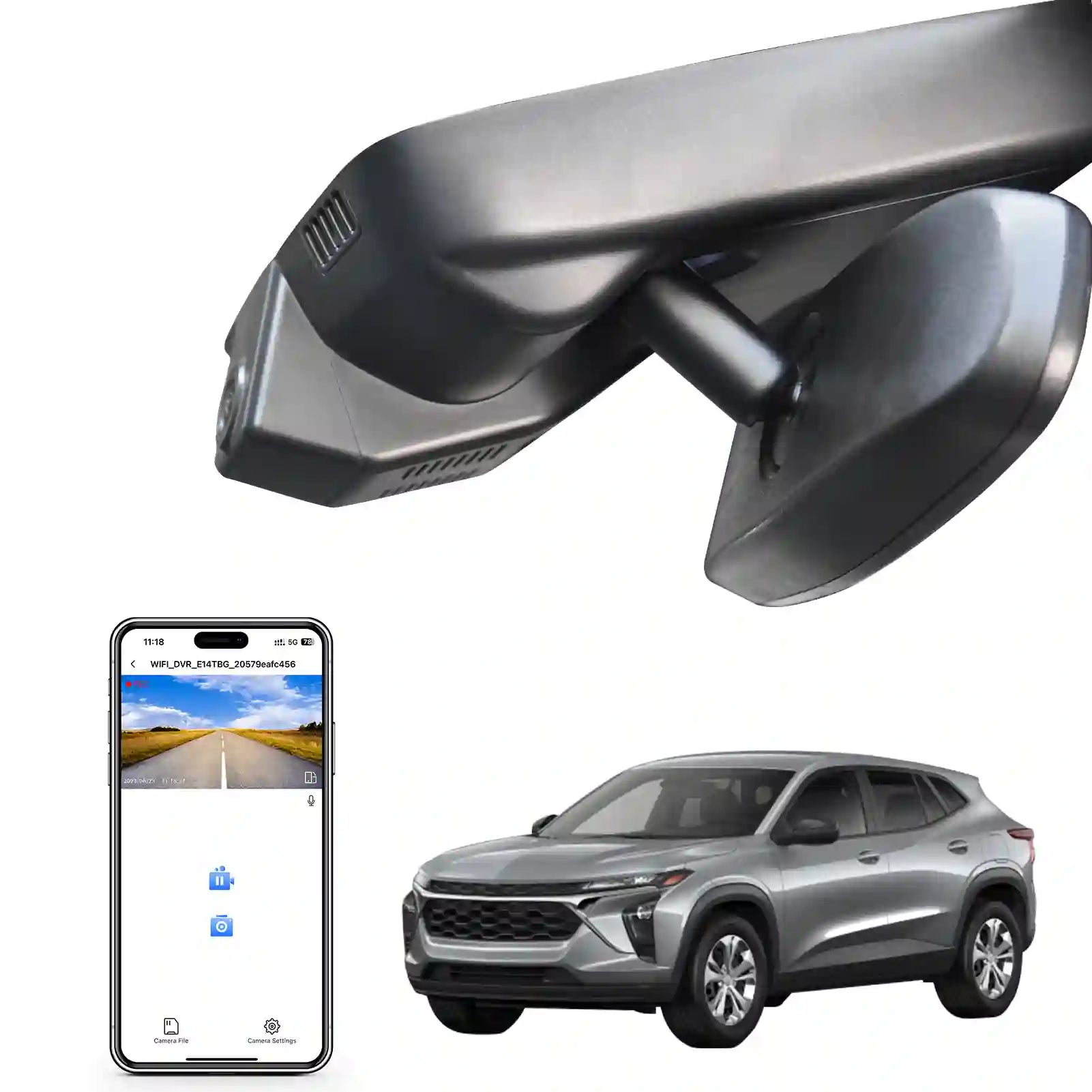 Car side mirror, smartphone with app interface, and SUV on a white background