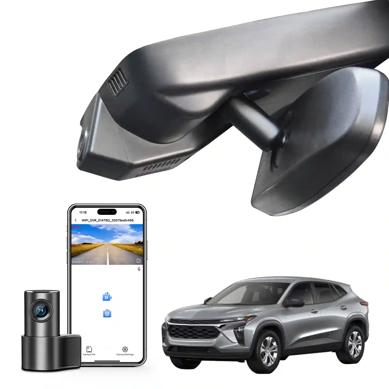 Car rearview mirror, smartphone with app interface, small camera, and SUV on a white background