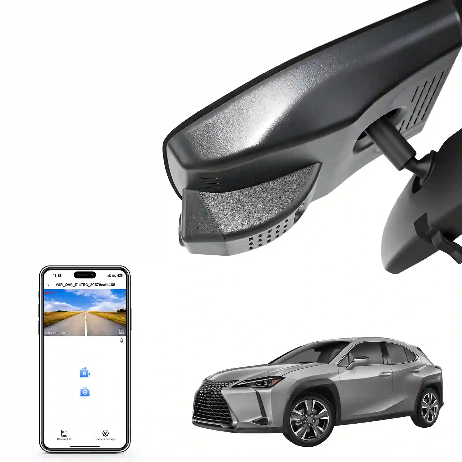 Car rear mirror mangoal dash camera with smartphone displaying app interface and Lexus UX car in the background