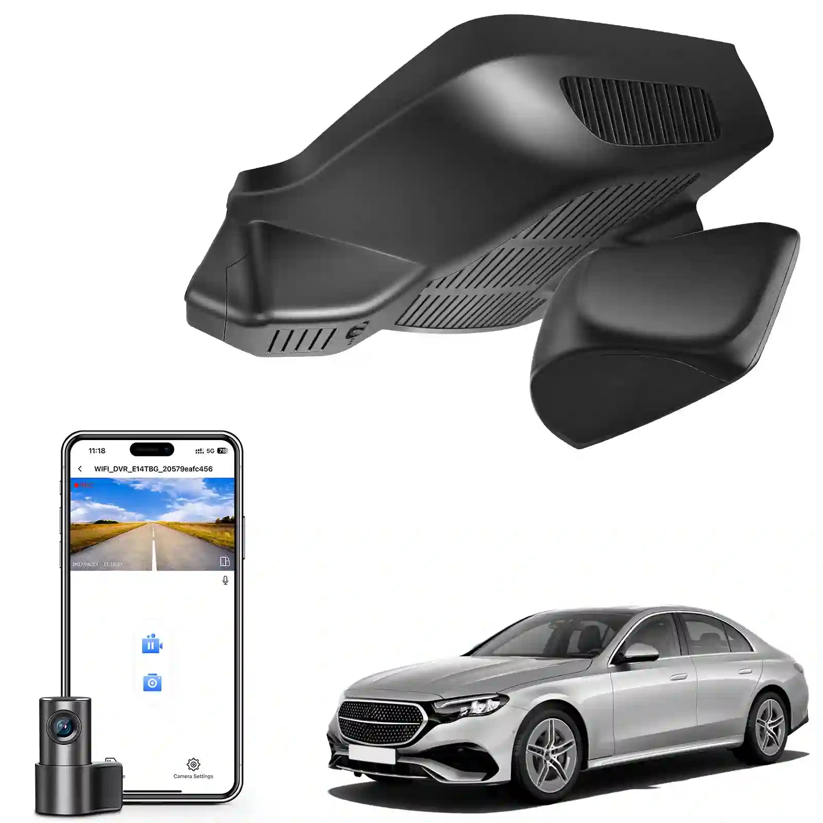 Car dashboard camera, smartphone with app interface, and Mercedes-Benz car Mercedes dash  camera gen-6 two channel camera 