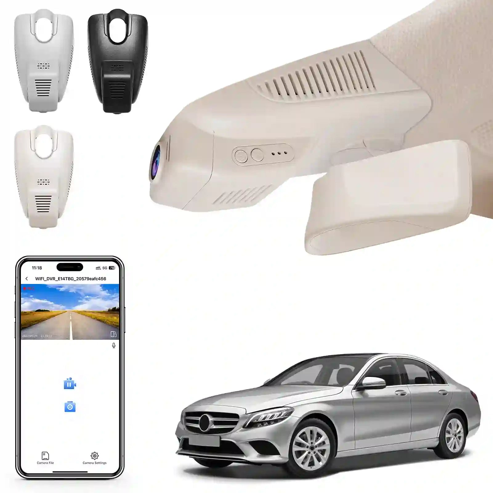 Car dashboard camera, smartphone app, and Mercedes-Benz car on a white background